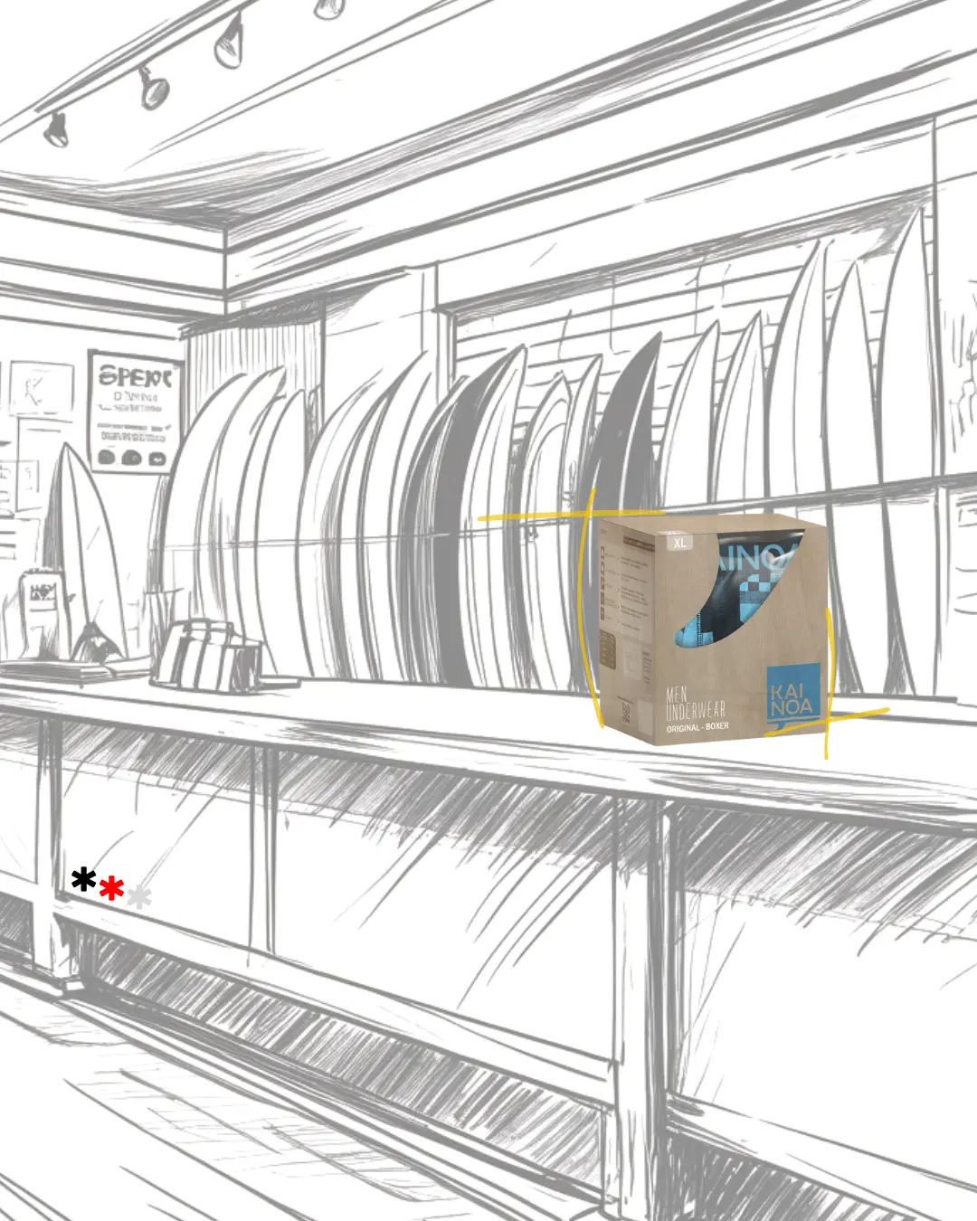 Boceto de una tienda de surf con un packaging en el mostrador de producto de una marca.
