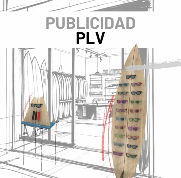 Boceto de la entrada de una tienda de surf con dos expositores PLV, de suelo y mostrador para gafas.