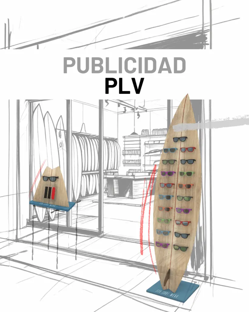 Boceto de la entrada de una tienda de surf con dos expositores PLV, de suelo y mostrador para gafas.