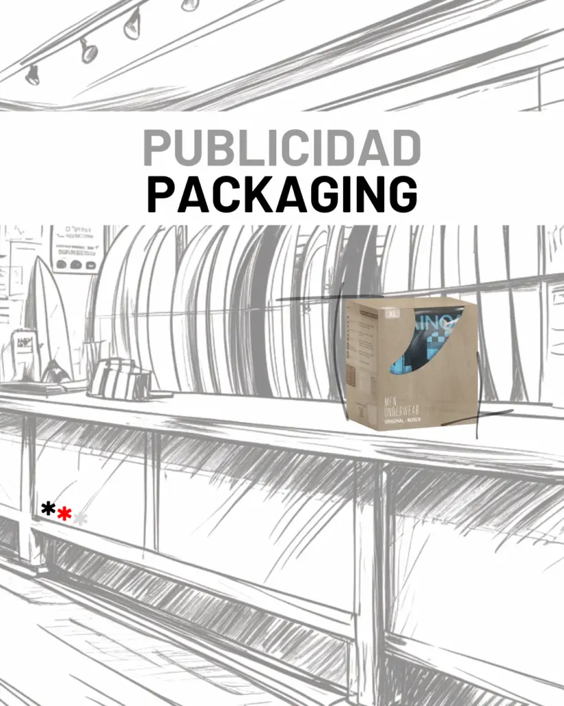 Boceto de una tienda de surf con un packaging en el mostrador de producto de una marca.