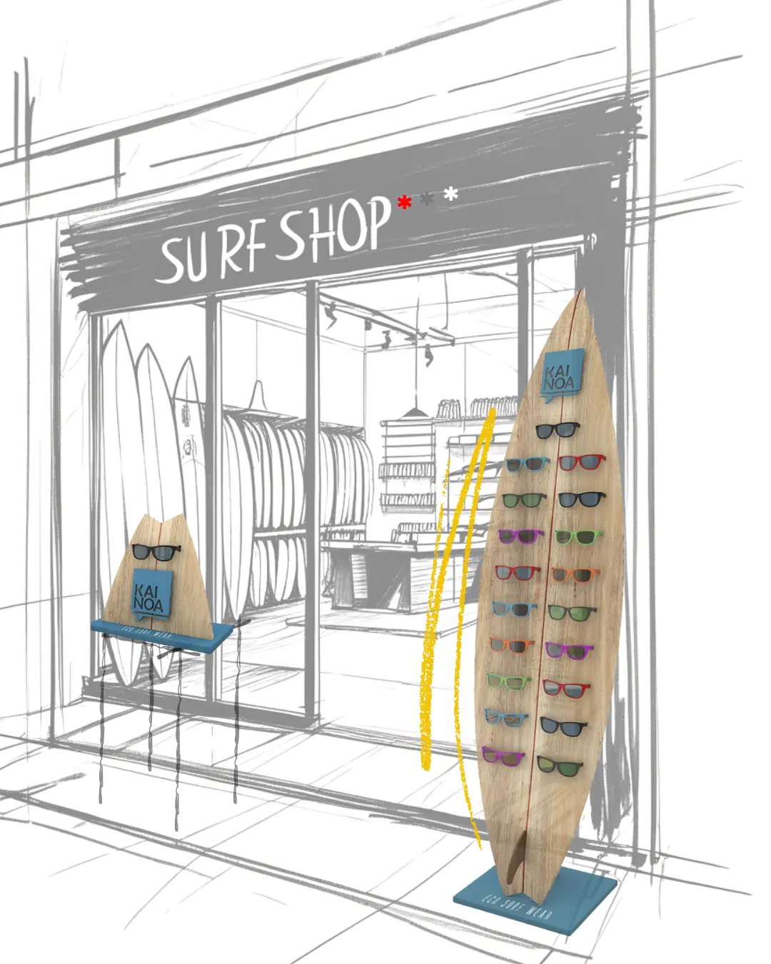 Boceto de la entrada de una tienda de surf con dos expositores PLV, de suelo y mostrador para gafas.