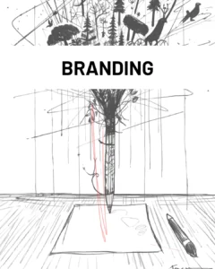Imagen conceptual de branding, donde se ve una hoja y un lápiz de donde sale ilustraciones de naturaleza.