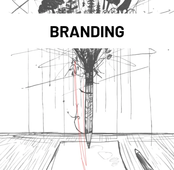 Imagen conceptual de branding, donde se ve una hoja y un lápiz de donde sale ilustraciones de naturaleza.