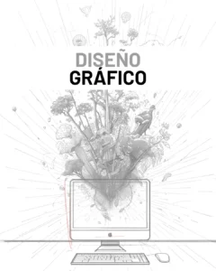 Boceto conceptual de un ordenador de donde salen imagen ilustradas de naturaleza. Sirve para explicar los servicios de diseño gráfico de la agencia.