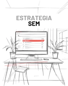 Imagen donde se ve el boceto de una oficina con un ordenador y en la pantalla un ranking de posicionamiento y en rojo el de arriba. Ofreciendo servicios de SEM