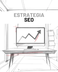 Imagen donde se ve el boceto de una oficina con un ordenador y en la pantalla una flecha de gráfico en subida. Ofreciendo servicios de SEO