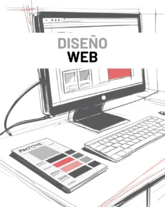 Imagen donde se ve el boceto de un escritorio con una pantalla y una guia pantone en la mesa. Con el diseño en rojo recordando a NOT MY TEMPO