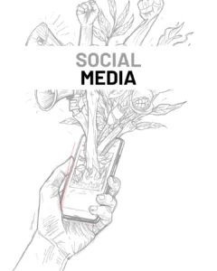 imagen donde se ve el boceto de un móvil donde de la pantalla salen altavoces, puños y plantas. Habla de agencia de redes sociales ética que es NOT MY TEMPO